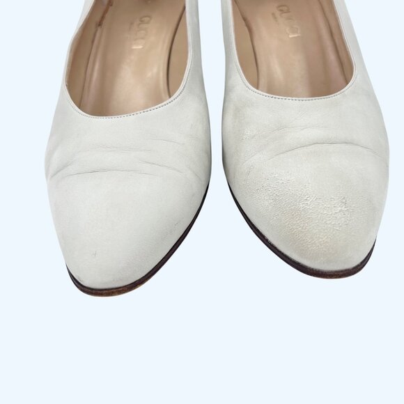 VINTAGE GUCCI IVORY ITALIAN LEATHER HEELS PUMPS SZ 38 B (8) FIT LIKE 7 - Picture 4 of 10